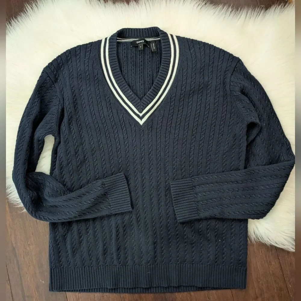 Theory Cashmere Blend Tennis Sweater Cable Knit Navy V Neck P S Small